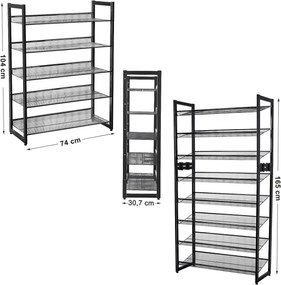 Pantofar, Songmics, 5 rafturi, 15-20 perechi, Negru, 30.5 x 74 x 103.8 cm