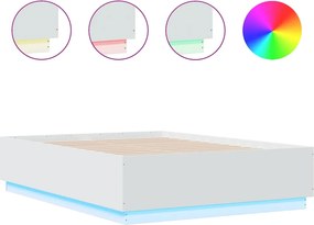 vidaXL Cadru de pat cu lumini LED, alb, 135x190 cm, lemn prelucrat