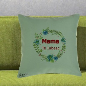 Cadou pentru Mama - Perna Personalizata Mama Te Iubesc Flori Albastre, 40x40 cm, Verde, Husa Detasabila, Perna Inclusa, BEKZ®
