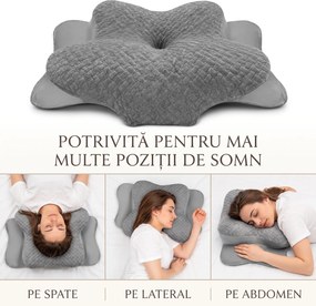 Perna cervicala ortopedica memory foam cu strat reglabil 2 cm, husa Tencel, Gri