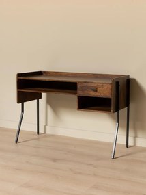 Birou vintage din lemn de mango și metal, cu blat maro antichizat, 1 sertar și picioare din metal negru, finisaj satinat, 117.5×50×80.5 cm, „Flow"