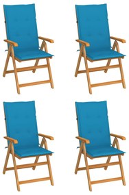 Scaune de gradina cu perne albastre, 4 buc., lemn masiv de tec 4, Albastru