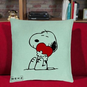 Perna Personalizata Snoopy cu Inima, 40x40 cm, Verde Menta, Husa Detasabila, Perna Inclusa, BEKZ®