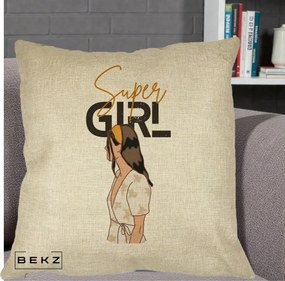 Perna Decorativa Super Girl Aesthetic, 40x40 cm, Crem, Husa Detasabila, Perna Inclusa, BEKZ®