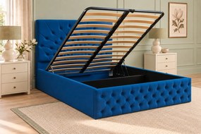 Pat tapițat Chesterfield din catifea Venezia 140×200 cm, albastru, cu ladă de depozitare