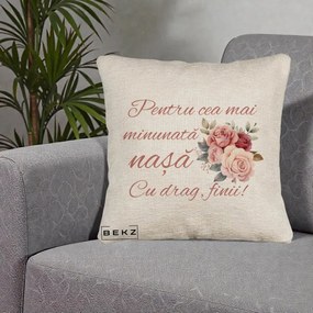 Cadou pentru Nasa - Perna Personalizata Pentru Cea mai Minunata Nasa Cu drag Finii, 40x40 cm, Bej Canapea, Husa Detasabila, Perna Inclusa, BEKZ®