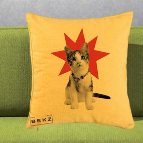 Perna Decorativa Pisica Star Pop Art, 40x40 cm, Galben, Husa Detasabila, Perna Inclusa, BEKZ®