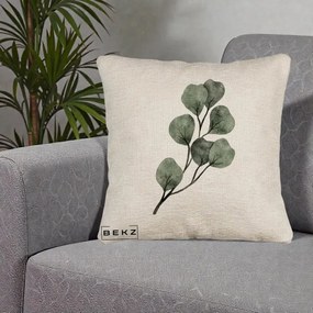 Perna Decorativa Ramura Eucalipt Acuarela, 40x40 cm, Bej Canapea, Husa Detasabila, Perna Inclusa, BEKZ®