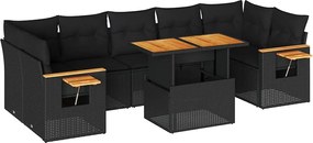 vidaXL Set mobilier grădină perne 8 piese negru, poliratan/lemn acacia