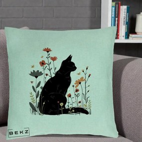 Perna Decorativa Pisica Neagra Profil Flori Portocalii, 40x40 cm, Verde Menta, Husa Detasabila, Perna Inclusa, BEKZ®
