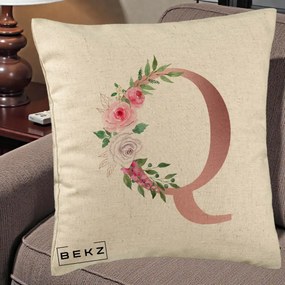 Cadou Personalizat - Perna Personalizata Monograma Rose Gold Litera Q, 40x40 cm, Bej, Husa Detasabila, Perna Inclusa, BEKZ®