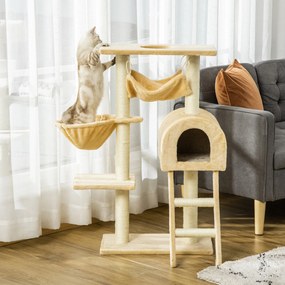 PawHut Arbore de Zgariat pentru Pisici pe mai multe niveluri cu Hamac si Casuta, Franghii din Sisal Natural, Bej, Inaltime 98cm