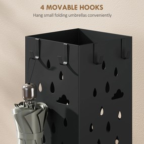HOMCOM Suport de Umbrele Pătrat din Metal pentru Intrare, Suport Autoportant cu Tavă Detașabilă și 4 Cârlige, pentru Interior și Exterior, 15.5x15.5x49 cm, Negru | Aosom Romania