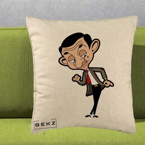 Perna Personalizata Mr. Bean Caricatura, 40x40 cm, Bej, Husa Detasabila, Perna Inclusa, BEKZ®
