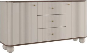 Comodă cu sertare pe picioare rotunde Vesper 160 cm - cașmir / nuc / mânere aurii