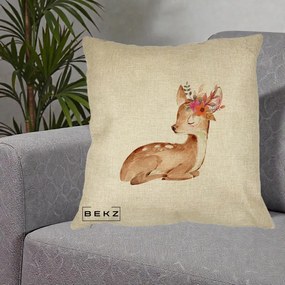Perna Decorativa Caprioara cu Flori in Coama, 40x40 cm, Crem, Husa Detasabila, Perna Inclusa, BEKZ®