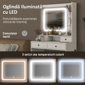 HOMCOM Masă de Toaletă cu Oglindă Iluminată LED, Masă de Machiaj cu Stație de Încărcare, 4 sertare și rafturi de depozitare, 90x45x160 cm, Alb