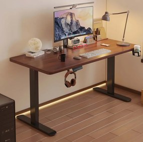 Birou reglabil în înălțime, două motoare electrice ridicare, suport caști, suport pahar, 140x60 cm, Nuc