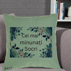 Cadou pentru Socri - Perna Personalizata Cei mai Minunati Socri cu Flori Albastre si Roz, 40x40 cm, Verde, Husa Detasabila, Perna Inclusa, BEKZ®