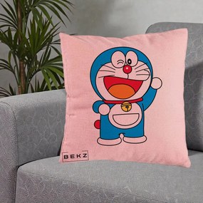 Perna Personalizata Doraemon Salutand, 40x40 cm, Roz, Husa Detasabila, Perna Inclusa, BEKZ®