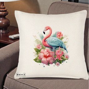 Perna Decorativa Flamingo cu Hibiscus Tropical, 40x40 cm, Crem Reliefat, Husa Detasabila, Perna Inclusa, BEKZ®