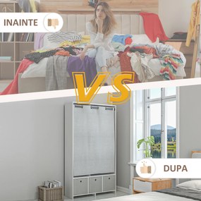 HOMCOM Dulap Modern cu Bară de Agățat, 3 Compartimente și Sertare din Țesătură, Organizator de Haine pentru Dormitor, Natural | Aosom Romania