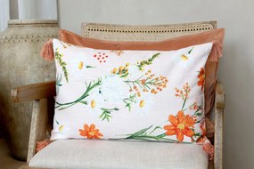 Fata de perna roz, din bumbac, model floral si ciucuri, 60x40cm, Aix