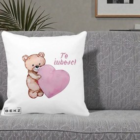 Cadou Romantic - Perna Personalizata Te Iubesc Ursulet cu Inima Roz Acuarela, 40x40 cm, Alba Mata, Husa Detasabila, Perna Inclusa, BEKZ®
