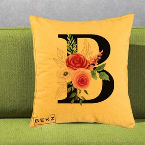 Cadou Personalizat - Perna Personalizata Monograma Florala Litera B, 40x40 cm, Galben, Husa Detasabila, Perna Inclusa, BEKZ®