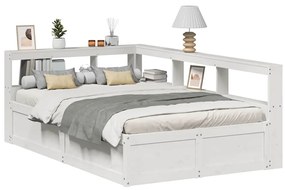 vidaXL Pat cu bibliotecă fără saltea, alb, 135x190 cm, lemn masiv pin