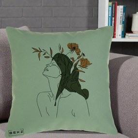 Perna Decorativa Portret Feminin Profil Flori Portocalii, 40x40 cm, Verde, Husa Detasabila, Perna Inclusa, BEKZ®