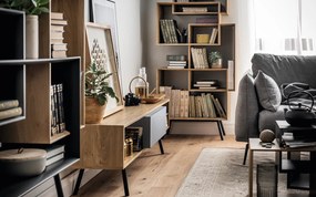 Comodă TV lemn masiv gri KUADRAT – design modern în stejar grafit și