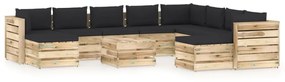 Set mobilier de gradina cu perne, 11 piese, lemn verde tratat negru si maro, 11