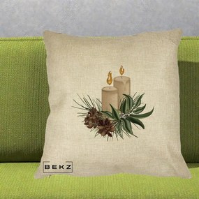 Perna Decorativa Lumanari cu Ilex si Conuri Ilustratie, 40x40 cm, Crem, Husa Detasabila, Perna Inclusa, BEKZ®