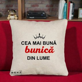 Cadou pentru Bunica - Perna Personalizata Cea Mai Buna Bunica Din Lume Coroana Neagra, 40x40 cm, Bej Canapea, Husa Detasabila, Perna Inclusa, BEKZ®