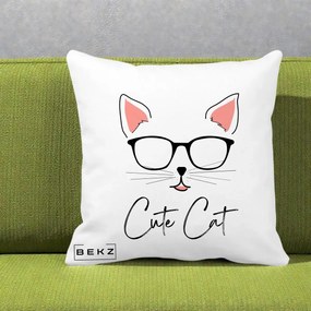 Perna Personalizata Cute Cat cu Ochelari, 40x40 cm, Alba Mata, Husa Detasabila, Perna Inclusa, BEKZ®