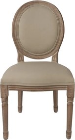 Scaun dining tapițat shabby chic din lemn masiv și stofă, bej, cu spătar oval și picioare strunjite canelate, 96 x 48 x 46 cm, „Amandine”