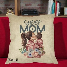 Cadou pentru Mama - Perna Personalizata Super Mom Mama cu Bebelusul, 40x40 cm, Crem, Husa Detasabila, Perna Inclusa, BEKZ®
