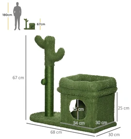 PawHut Turn pentru Pisici sub 5kg, Design Cactus din Lemn, cu Pat, 68x30x67cm, Verde, Unic și Stilat | Aosom Romania