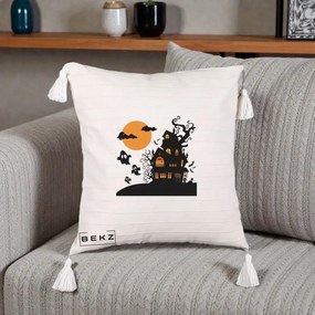 Perna Decorativa Halloween Casa Bantuita cu Fantome, 40x40 cm, Bej cu Franjuri, Husa Detasabila, Perna Inclusa, BEKZ®