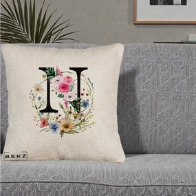 Cadou Personalizat - Perna Personalizata Monogram Litera N cu Flori Acuarela, 40x40 cm, Bej Canapea, Husa Detasabila, Perna Inclusa, BEKZ®