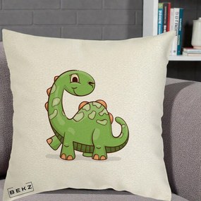 Perna Decorativa Brontosaur Verde Simpatic, 40x40 cm, Ecru, Husa Detasabila, Perna Inclusa, BEKZ®
