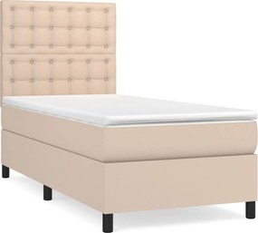 vidaXL Pat box spring cu saltea, cappuccino, 90x190 cm piele ecologică