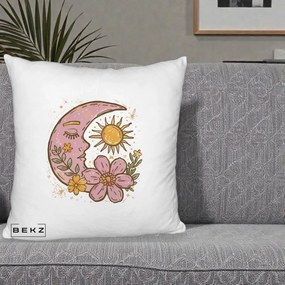 Perna Personalizata Luna si Soare Floral Boho, 40x40 cm, Alb Pufos, Husa Detasabila, Perna Inclusa, BEKZ®