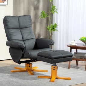 HOMCOM Fotoliu de relaxare cu taburet, Spătar înclinabil la 145°, Rotativ la 360°, Piele ecologică, Gri închis | Aosom Romania