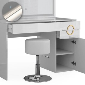 SEA442 - Set Masa toaleta, 115 cm, cosmetica machiaj, oglinda LED, masuta vanity cu sau fara scaun - Alb Lucios