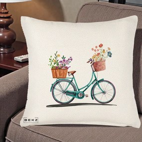 Perna Decorativa Bicicleta Florala Turcoaz Acuarela, 40x40 cm, Crem Reliefat, Husa Detasabila, Perna Inclusa, BEKZ®