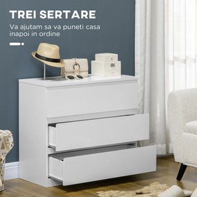 HOMCOM Comodă cu 3 Sertare Modernă fără Mânere pentru Dormitor și Sufragerie, 80x39x73 cm, Alb | Aosom Romania