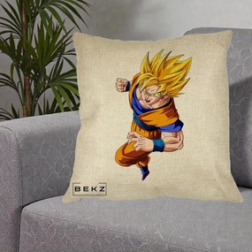 Perna Personalizata Dragon Ball Goku Super Saiyan 2 Lupta, 40x40 cm, Crem, Husa Detasabila, Perna Inclusa, BEKZ®