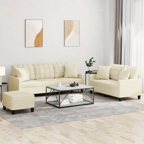 vidaXL Set de canapele cu perne, 3 piese, crem, piele ecologică
